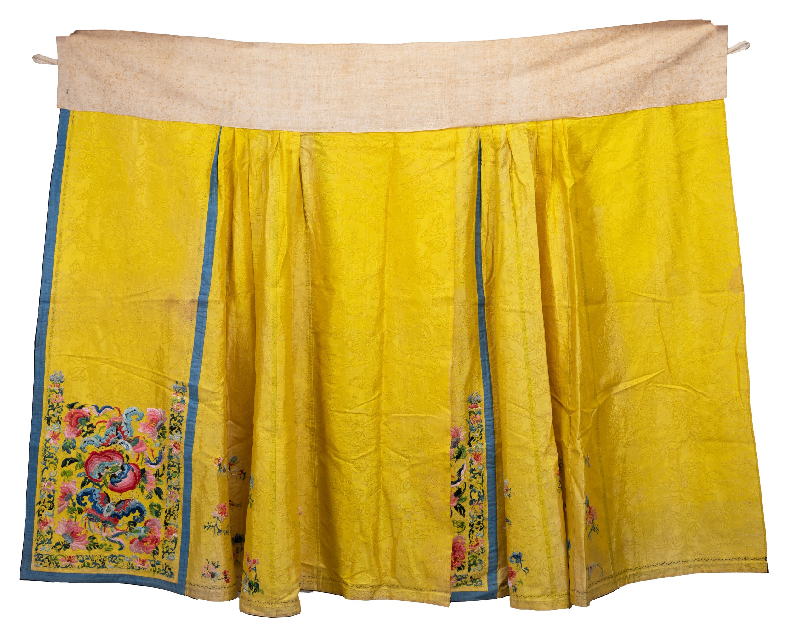 A CHINESE EMBROIDERED YELLOW DAMASK SILK SKIRT AND A PINK SILK PANEL FROM A SKIRT, LATE 19TH/EARLY