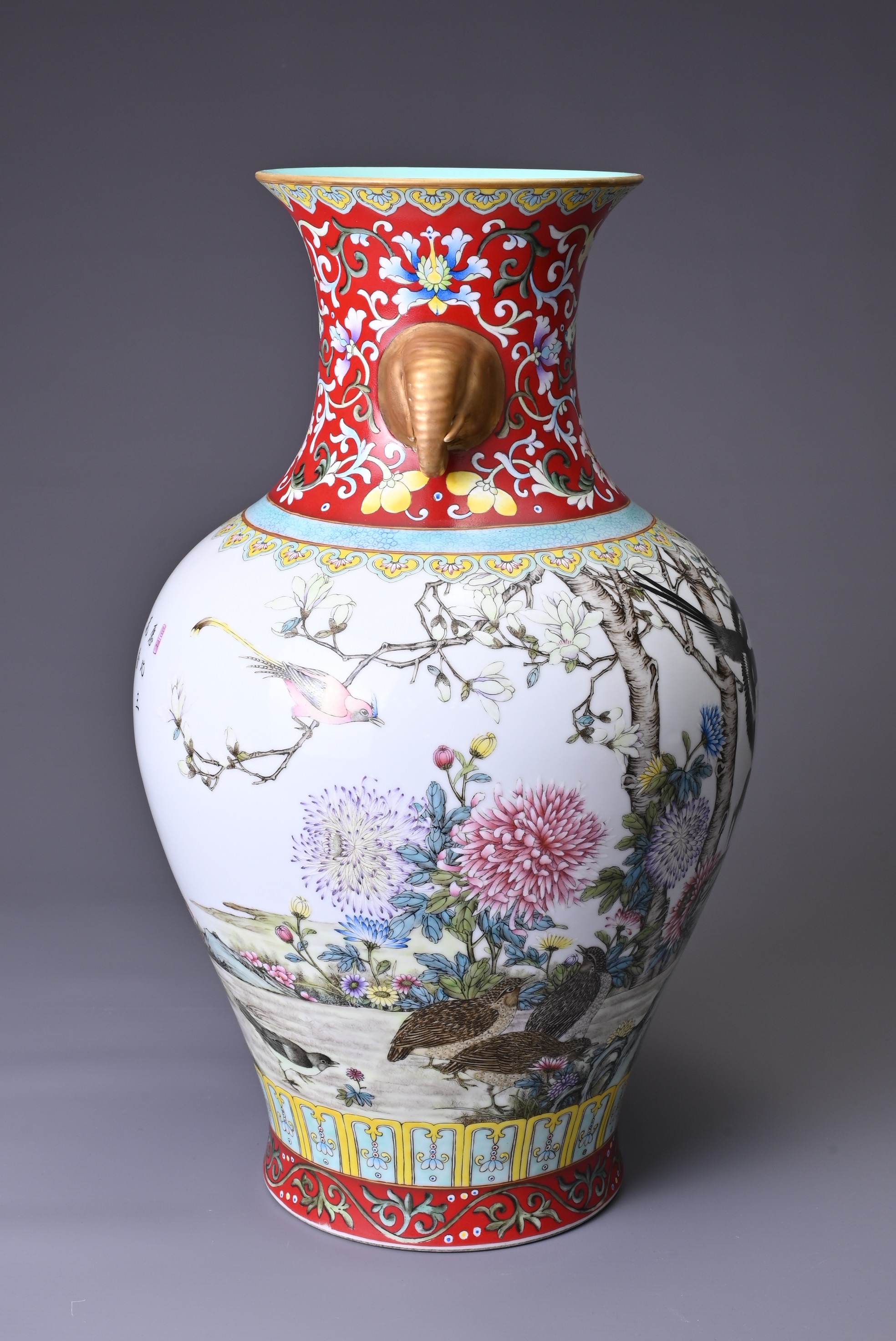 A CHINESE PORCELAIN FAMILLE ROSE RED-GROUND IMPERIAL-STYLE BALUSTER VASE, 20TH CENTURY. With - Image 5 of 9