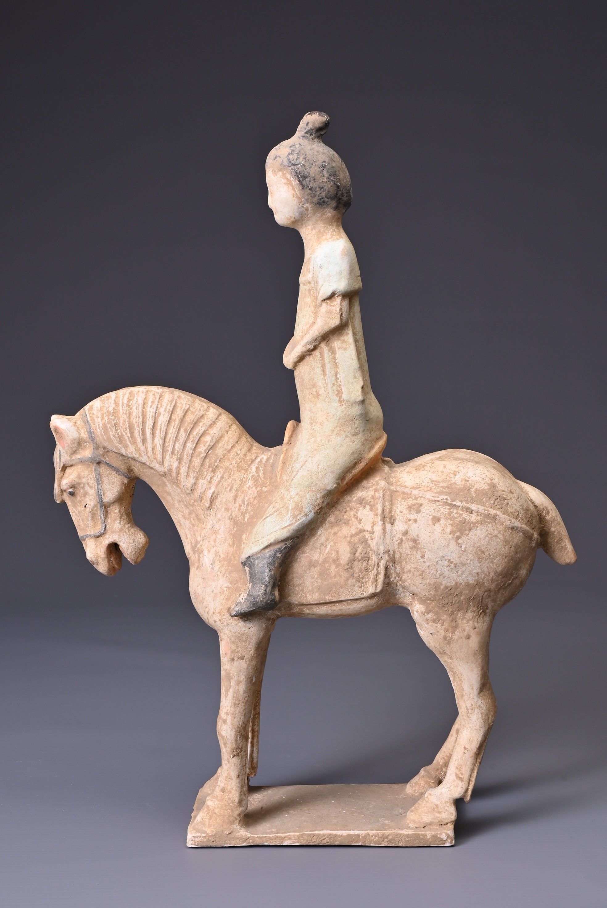 A CHINESE PAINTED POTTERY HORSE AND FEMALE RIDER, TANG DYNASTY (AD 618- 907). The horse standing - Image 2 of 6