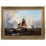 19TH CENTURY DUTCH OR FRENCH SCHOOL, MARITIME SCENE, OIL ON CANVAS, IN GILTWOOD FRAME. The central