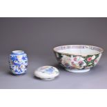 THREE CHINESE PORCELAIN ITEMS, 18/19TH CENTURY. To include an 18th century famille rose punch bowl