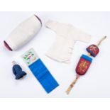 A CHINESE EMBROIDERED GLASSES CASE, A SILK PURSE, A BABY'S PILLOW, A DOLL'S WHITE LINEN ROBE AND