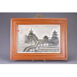 A FRAMED CHINESE PORCELAIN PLAQUE, 20TH CENTURY. A painted scene of Suzhou East Lake with walkway
