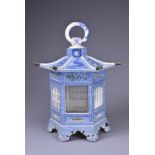 A JAPANESE MEIJI (1867-1912) PORCELAIN PAVILION-SHAPED HANGING LANTERN. Enamelled black four