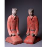 A PAIR OF LARGE CHINESE PAINTED POTTERY FIGURES OF KNEELING WOMEN, TL TESTED OF HAN DYNASTY. Each