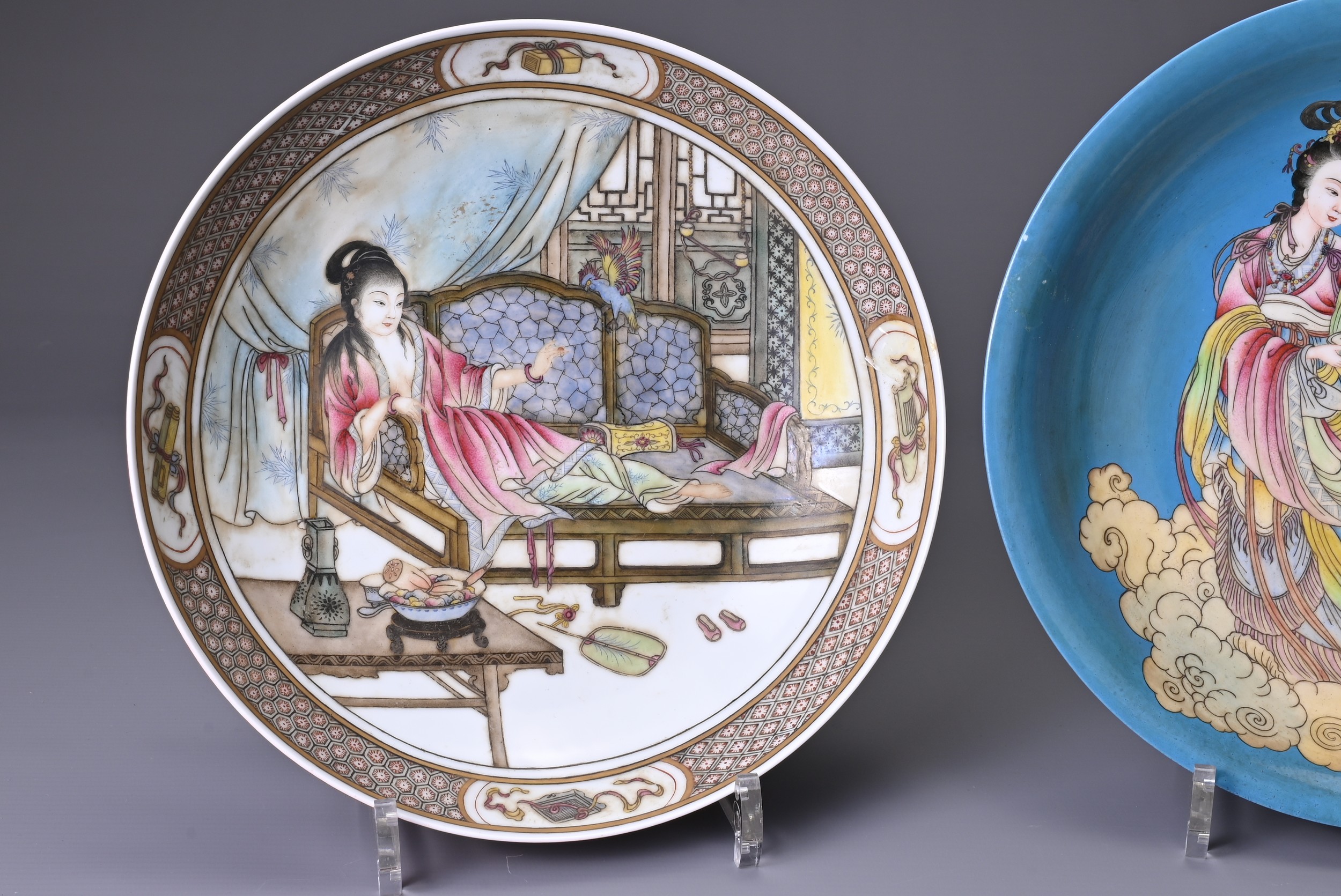 TWO CHINESE PORCELAIN FAMILLE ROSE CIRCULAR DISHES, 20TH CENTURY. Each with iron-red enamel and gilt - Image 2 of 7