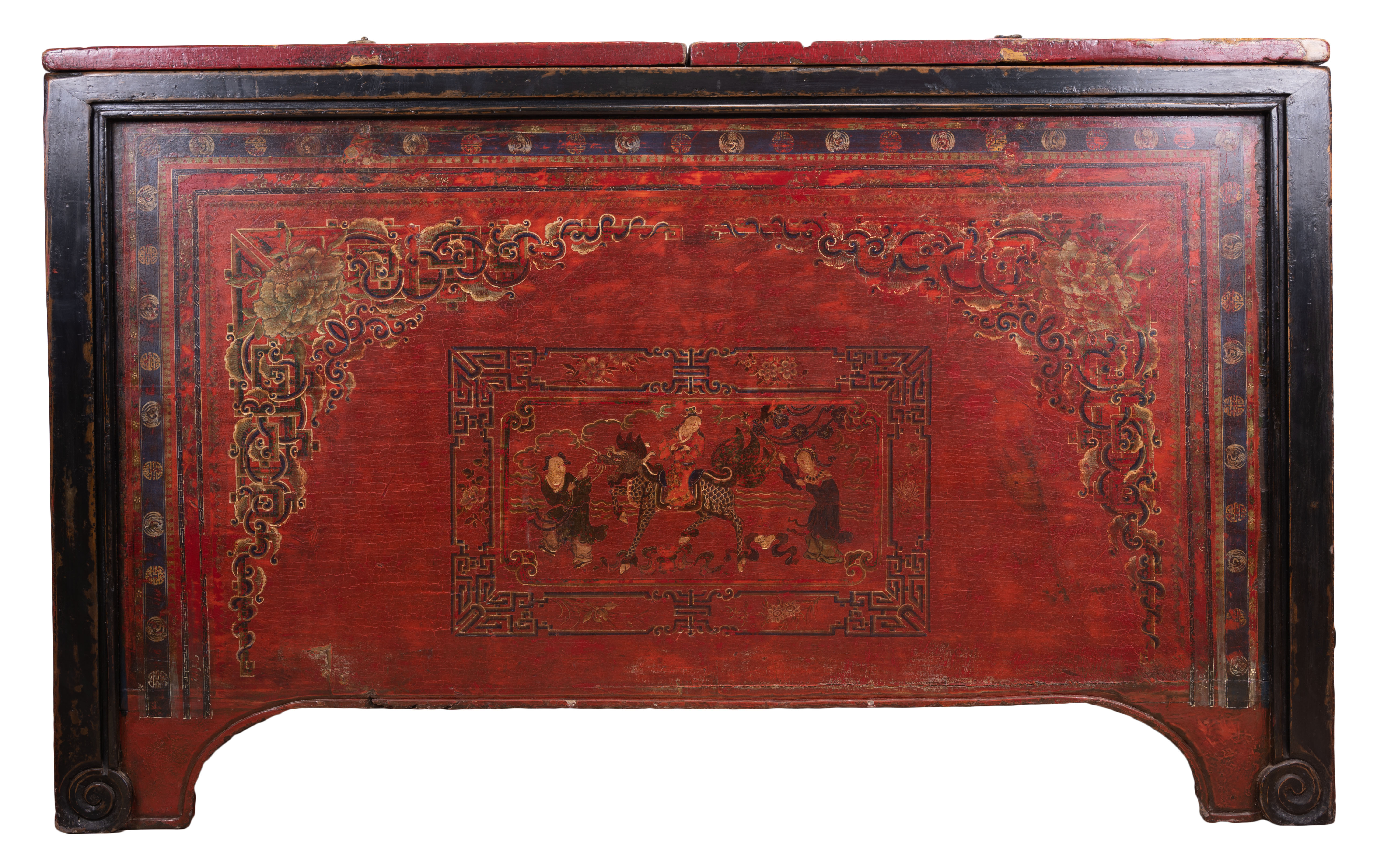 A LARGE CHINESE TIBETAN PAINTED RED AND BLACK LACQUER STORAGE CHEST, 19TH CENTURY. Or rectangular