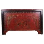A LARGE CHINESE TIBETAN PAINTED RED AND BLACK LACQUER STORAGE CHEST, 19TH CENTURY. Or rectangular