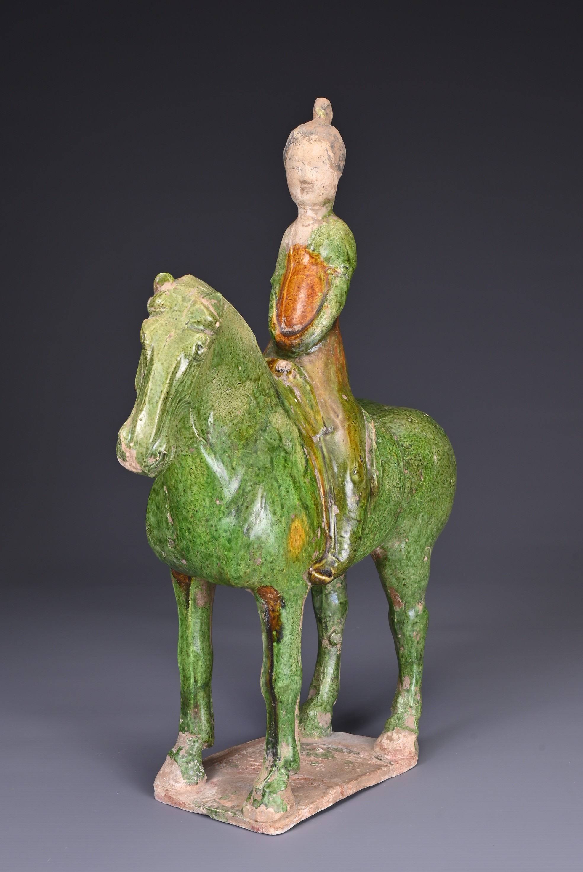 A CHINESE SANCAI GLAZED POTTERY MODEL OF A HORSE AND FEMALE RIDER, TL TESTED, TANG DYNASTY (AD 618- - Image 6 of 8