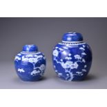 TWO CHINESE BLUE AND WHITE PORCELAIN GINGER JARS AND COVERS, 19TH CENTURY. Of globular form with