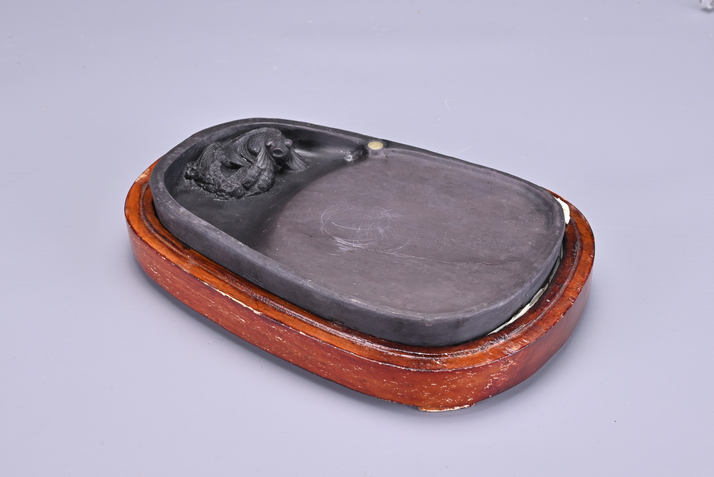TWO CHINESE CARVED WALNUTS, A CINNABAR LACQUER BOX AND COVER, AN INKSTONE AND WOODEN CASE AND A - Image 12 of 13