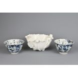 CHINESE BLANC-DE-CHINE PORCELAIN BRUSH WASHER AND PAIR OF MING-STYLE BLUE AND WHITE BOWLS