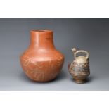 TWO POTTERY ITEMS, POSSIBLY SOUTH AMERICAN. Peru or Pre-Columbian style pottery to include a pottery