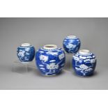 FOUR CHINESE BLUE AND WHITE PORCELAIN PRUNUS JARS, 19/20TH CENTURY. Of varying sizes. 9.5cm - 16cm