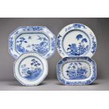 FOUR CHINESE BLUE AND WHITE EXPORT PORCELAIN ITEMS, 18TH CENTURY. Comprising a two octagonal