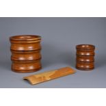 THREE CHINESE BAMBOO AND WOOD SCHOLAR DESK ITEMS, 20TH CENTURY. To include two turned hardwood brush