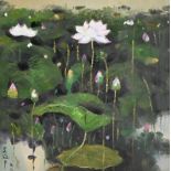 ATTRIBUTED TO WU GUANZHONG (CHINA 1919-2010). Oil on canvas of lotus flowers. Signed and dated '