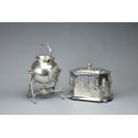 TWO SILVER PLATED ITEMS, 20TH CENTURY. To include a teapot with burner stand with wood form legs and