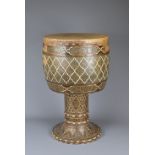 A LATE 19TH CENTURY PERSIAN GOBLET-SHAPED KHATAM KARI MARQUETRY TOMBAK. The drum inlaid with bone,