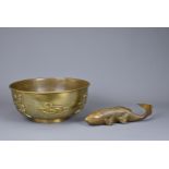 TWO CHINESE / JAPANESE BRONZE ITEMS, EARLY 20TH CENTURY. To include a large rounded bowl with raised