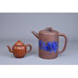 TWO CHINESE TAIWAN YIXING POTTERY TEA POTS, 20TH CENTURY. A cylindrical form teapot with blue