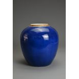 A CHINESE SACRIFICIAL BLUE GLAZED JAR, 18/19TH CENTURY. Of ovoid form covered in a rich monochrome
