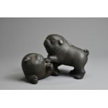 A JAPANESE EARLY 2OTH CENTURY BRONZE GROUP OF TWO PUPPIES. Modelled playing, signed to underside