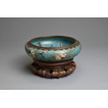 A CHINESE CLOISONNE ENAMEL BOWL WITH WOODEN STAND, 19/20TH CENTURY. With rounded sides decorated