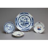 FOUR CHINESE EXPORT PORCELAIN DISHES, 18TH CENTURY. To include a blue and white dish decorated