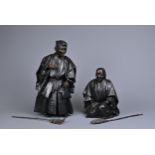 A PAIR OF 20TH CENTURY JAPANESE BRONZE FIGURES OF ACTORS AS THE LEGENDARY COUPLE JO AND UBA. He