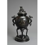 A 20TH CENTURY JAPANESE MEIJI-STYLE BRONZE CENSER AND COVER. Decorated in high relief with lobed