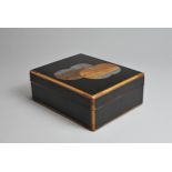 A JAPANESE MEIJI PERIOD (1868-1912) RECTANGULAR BLACK AND GILT LACQUER BOX, COVER AND TRAY. The