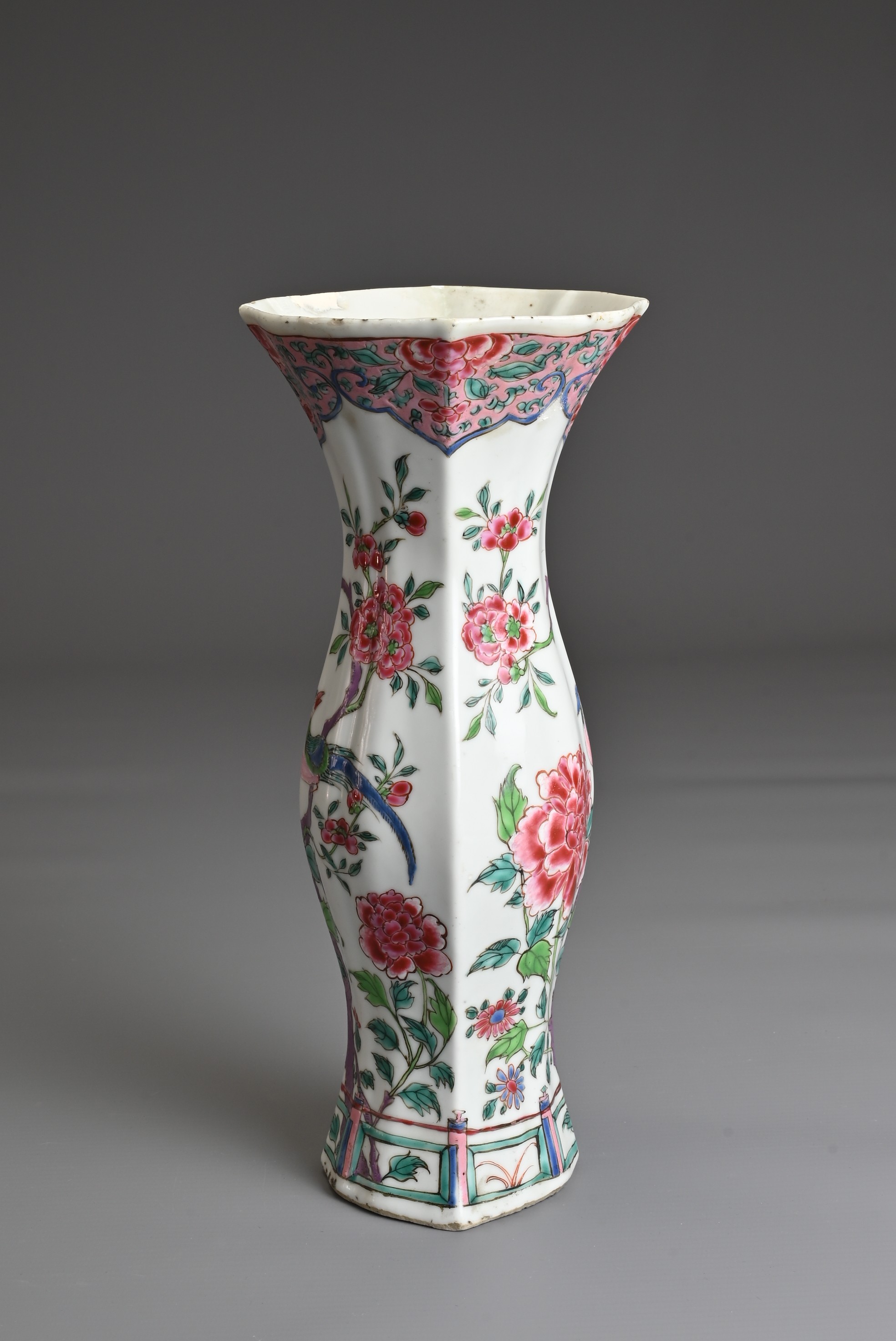 A CHINESE FAMILLE ROSE EXPORT PORCELAIN VASE, 18TH CENTURY. Lobed baluster form wide flared neck - Image 4 of 7