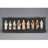 A 20TH CENTURY CHINESE FRAMED SILK APPLIQUE OF NINE FIGURES. Each silk and hair mounted applique