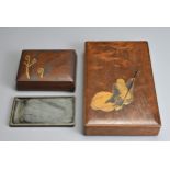 A JAPANESE MEIJI PERIOD (1868-1912) MULBERRY WOOD WRITING BOX (SUZURI-BAKO) AND A SMALL PAULONIA