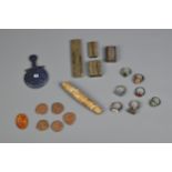 A MIXED GROUP OF STONE AND METALWARE ITEMS. To include four Indian bronze jewellery moulds or