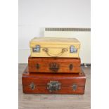 TWO CHINESE MID 20TH CENTURY-STYLE SUITCASES AND A MID-CENTURY WOOD AND VELLUM COVERED SUITCASE, .
