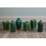 A GROUP OF SIX CHINESE-STYLE GREEN GLAZED VASES, 20TH CENTURY. Comprising: two tall cylindrical