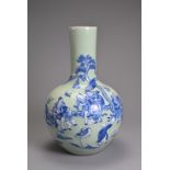 A CHINESE CELADON GROUND BLUE AND WHITE PORCELAIN VASE, 20TH CENTURY. Tianqiuping shape with