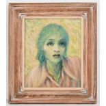 20TH CENTURY SCHOOL - PORTRAIT OF A WOMAN IN GREEN, oil on board, unsigned, with label verso, 43.2 x
