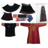 THREE VINTAGE ETHNIC CHINESE (MIAO) PLEATED SKIRTS, A JACKET, A BEADED SCARF, AN EMBROIDERED SCARF A