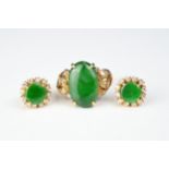 A SET OF HIGH CARAT GOLD, JADEITE AND DIAMOND JEWELLERY. To include a green jadeite cabochon ring