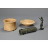 A GROUP OF STONE AND METAL ITEMS. To include a Middle Eastern alabaster mortar and dish; A bronze