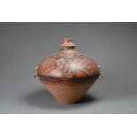 A LARGE CHINESE NEOLITHIC STYLE PAINTED POTTERY JAR AND COVER. With two lug handles below two