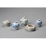 A GROUP OF CHINESE BLUE AND WHITE CERAMIC POTS, MING TO YUAN DYNASTY. Of various forms decorated