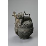 AN CAST BRONZE INCENSE BURNER, EARLY 20TH CENTURY. Possibly Indian, of globular form with hinged lid