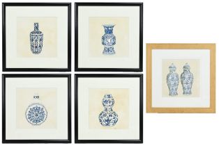 FIVE 20TH CENTURY WATERCOLOURS ON PAPER - depicting blue and white Chinese porcelain, unsigned, four