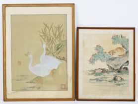 TWO VINTAGE CHINESE PAINTINGS, one of a cat watching fish, the other of two geese, both