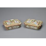 A PAIR OF CHINESE CANTON FAMILLE ROSE PORCELAIN SOAP DISHES WITH COVERS, 19TH CENTURY. Of