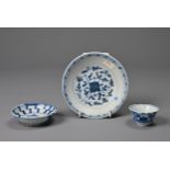 THREE CHINESE BLUE AND WHITE PORCELAIN ITEMS, 18/19TH CENTURY. To include a Tek Sing Shipwreck dish;